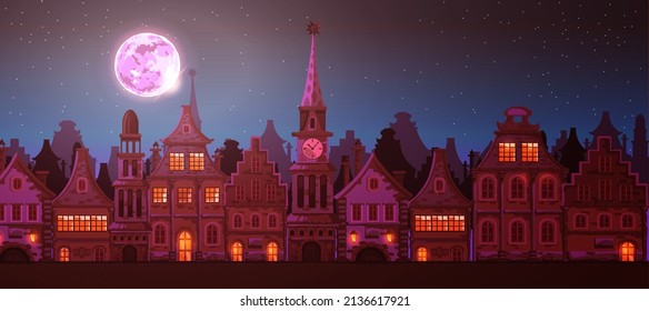 Traditional European old town.Town hall, chapel, beautiful houses, city street. Night city, moon. Vector cartoon landscape with ancient buildings