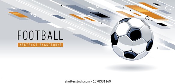 Traditional European Soccer Ball on dynamic abstract background with copy space. Soccer banner vector template.