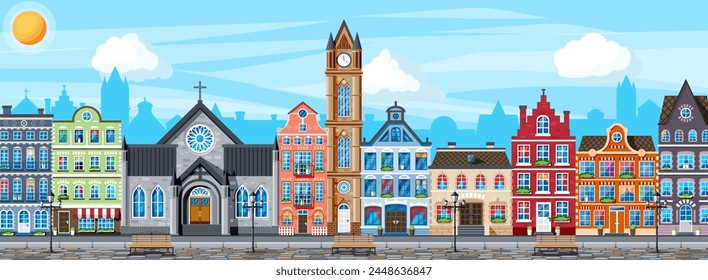 Tradicional ciudad europea. Calle de la Ciudad Vieja con Lámpara y Pavimento Stones Road. Paisaje Urbana Medieval. Calle con casas de colores en diferentes estilos arquitectónicos. Ilustración vectorial plana de dibujos animados