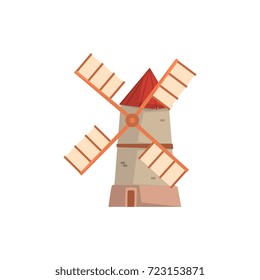 Traditional European windmill, medieval building cartoon vector Illustration