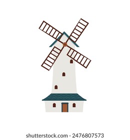 Traditional European windmill, vector illustration depicting a stone building located on an isolated background for use in design on the theme of agriculture. Flat cartoon style.