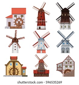 Traditional european windmills and water mills. Icons of old rural windmills in a flat style. Village farm buildings.