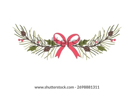 Traditional evergreen garland vector with pine, cones, holly, and a pink bow. Hand-drawn, isolated header element for rustic borders, classic stationery, and holiday accents. Festive foliage divider