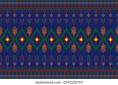 A traditional fabric design with a blue background reflects a deep connection to cultural heritage while offering a sense of tranquility and sophistication. The blue base enhances the visibility of in