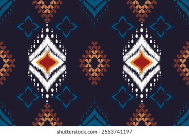 A traditional fabric design featuring diamond-shaped ikat patterns in white, orange, and blue on a dark background with geometric floral accents