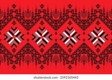 A traditional fabric design with a vibrant red background radiates energy, warmth, and cultural richness. The bold red base enhances the visibility of intricate patterns, making it a striking choice f