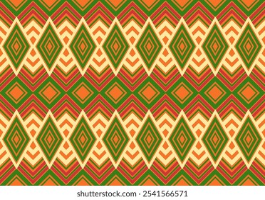 The traditional fabric pattern is geometric in red, yellow, and green and can be connected in any direction.