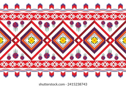 Patrón de tela tradicional, patrón étnico único en blanco, rojo, azul, amarillo para la ropa o el diseño de la decoración. Ilustración vectorial.