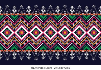 Traditionelles Stoffmuster, einzigartiges ethnisches Muster mit markanten rosa, gelben, weißen Mustern auf marineblarem Hintergrund für Kleidungsdesign oder -dekoration. Vektorgrafik.