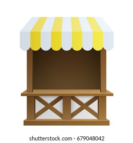 traditional fair market wooden booth gift shop with striped tent isolated on white background. 3d  vector illustration