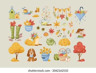 Traditional Fall Autumn Attributes. Dry Garden Trees, Yellow Foliage, Mushrooms, Rubber Boots, Animals Fox Squirrel Puppy, Seasonal Harvest, Umbrella, Vegetable, Seasonal Harvest Pumpkin Flat Vector