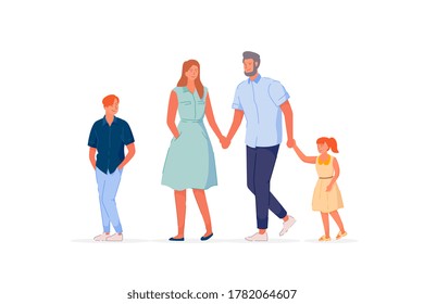 Traditional family. Dad, mom, daughter, son together. Vector happy teenager boy, loving husband holding daughter and wife hand illustration. Traditional family walking isolated on white background
