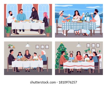 Traditional family dinners flat color vector illustration set. National meal for multinational people. Multiethnic 2D cartoon characters with interior and landscape on background collection