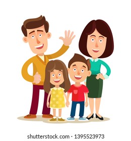 Traditional family. Happy young family- father, mother, son and daughter. Vector illustration isolated on white background. Flat, cartoon style.