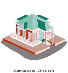 Edificio residencial tradicional de casa familiar. Arquitectura tropical con techos triangulares piramidales y techos a la cadera. Vector de propiedades inmobiliarias en tierra. Estilo de pueblo urbano suburbano estándar