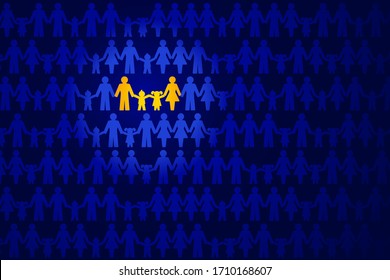 Traditional family image. Family holding hands, highlighted in yellow, in a crowd of people over dark blue. Symbolic family image, consisting of father, mother, daughter and son. Illustration. Vector.