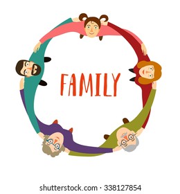 Traditional family including mother, father, child and grandparents  hugging each other standing in circle. Cartoon illustration about  unity and family relationships.