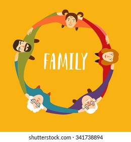 Traditional family including mother, father, child and grandparents  hugging each other standing in circle. Cartoon illustration about  unity and family relationships.