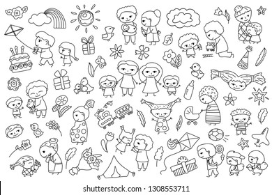 Traditional family with parents and children. Outlined flower and bird vector clipart. Child coloring element on white background. Kids and parents scenes. Happy childhood coloring page. Smiling kids