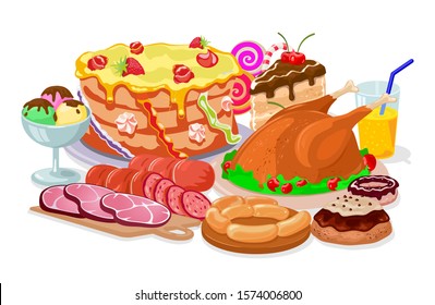 Traditional family Thanksgiving dinner with fried turkey, sausages, ham, cakes, donut, ice cream, juice, candies. Festive table with roasted chicken, sweet pastries, drink. Cartoon vector on white.