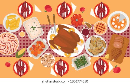 Traditional family Thanksgiving dinner with roast turkey, ham, sweet potato, corn, side dishes, cakes, cookies. Vector illustration. Top view.