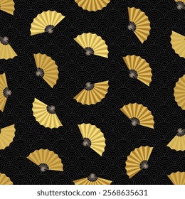 Traditional fan seamless doodle pattern design in gold, brown and yellow color palette with black background, for wallpaper, background, or decorative element. 