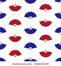 Traditional fan seamless doodle pattern design in red and blue color palette on white background, for wallpaper, background, or decorative element. 