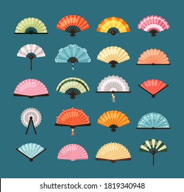 Traditional fans set. Oriental decoration asian colorful designs with pictorial ornaments red orange Japanese accessories blue green Chinese elegant bamboo richly decorated. Vintage cartoon vector.