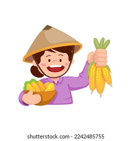 Traditional farmer holding vegetable and corn. agriculture harvest symbol character mascot illustration vector