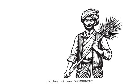 Traditional Farmer Vector Illustration. Black and White Line Art.
