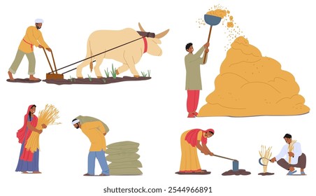 Traditional Farming Activities Featuring Indian Men And Women Working With Animals, Tools, And Crops. Scenes Include Plowing With Oxen, Carrying Harvested Bundles, Threshing, And Crop Planting