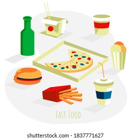 Traditional fast food dishes set. Hamburger, pizza, french fries, noodles wok in paper box, coffee and soda drinks. Restaurant or cafe menu design, food delivery service flat vector illustration