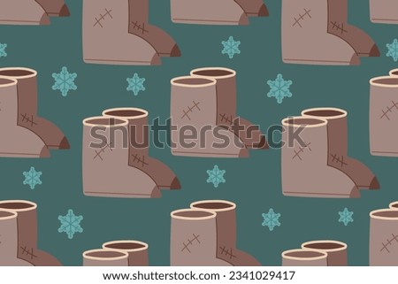 Traditional felt boots with patches, warm winter shoes, vector seamless pattern.