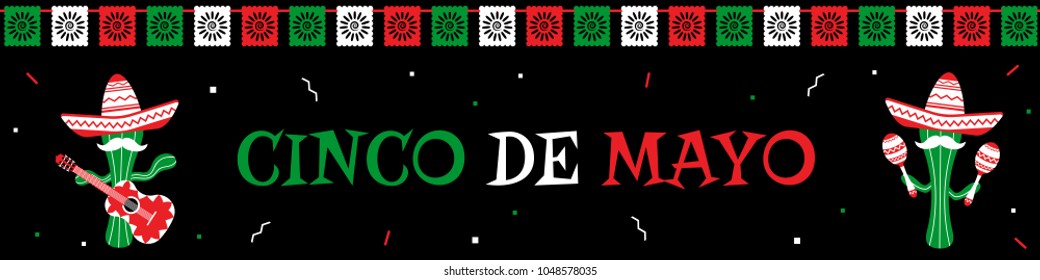 Traditional festival cinco de mayo web design banner template. Two funny cactus mariachi in sombrero with guitar and maracas from mexican band. National colors vector illustration on cinco de mayo.