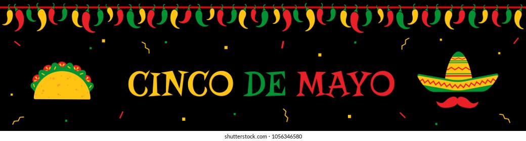 Traditional festival cinco de mayo web design banner template. Native taco and face with sombrero and mustache under chili pepper garland. Festive colors vector illustration for event on cinco de mayo