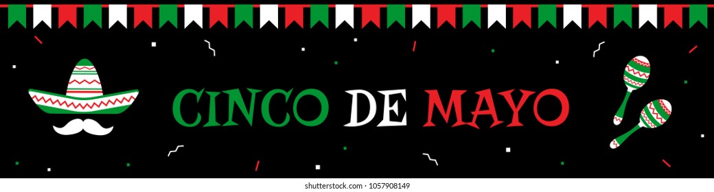 Traditional festival cinco de mayo web design banner template. Sombrero and mustache, maracas and big title with bunting flags. National colors vector illustration for party design on cinco de mayo.