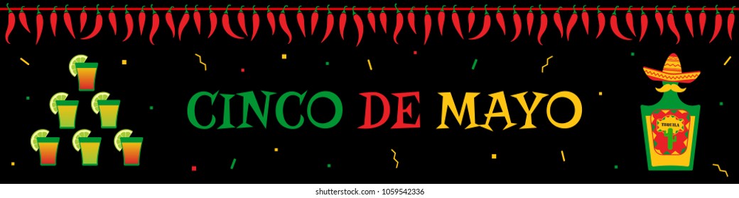 Traditional festival cinco de mayo web design banner template. Funny tequila bottle and cocktails tower under chili pepper garland. Festive colors vector illustration for event on cinco de mayo