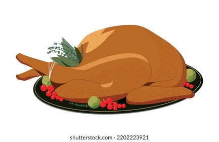 Traditional festive food. Plate with delicious roasted meat or grilled turkey with vegetables, spices and herbs. Dinner Meal for Happy Thanksgiving Day or Christmas. Cartoon flat vector illustration