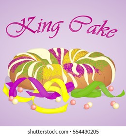 Traditional festive King Cake to celebrate Mardi Gras. Festive beads and ribbons surround the cake. Background for Fat Tuesday in cartoon style. Vector illustration. Holiday Collection.