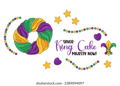 Traditional festive King Cake. Delicious dessert during Mardi Gras carnival. Vector illustration.