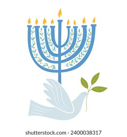 Traditional festive Menorah, and dove of Peace with branch