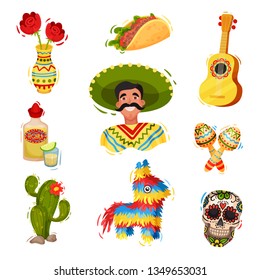 Traditional festive Mexican paraphernalia. Vector flat illustration.