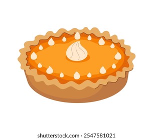 Traditional festive pumpkin pie with whipped cream for Thanksgiving and other fall holidays. Isolated on white background.