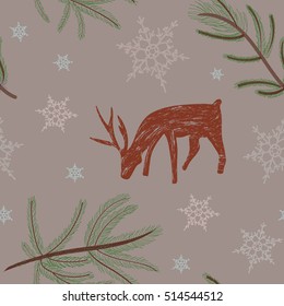 Traditional festive seamless repeat featuring a reindeer, pine branches and snowflakes on a pastel brown background. Winter pattern with hand drawn elements. 