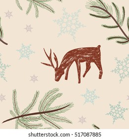 Traditional festive seamless repeat featuring a reindeer, pine branches and snowflakes on a vanilla color background. Winter pattern with hand drawn elements.

