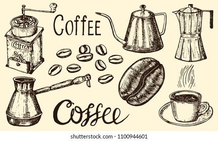 Traditional Filter Coffee Maker. Modern vintage elements, percolator, plants, grain and kettle for the shop menu. Vector illustration. engraved hand drawn in old sketch for card, badges, labels.