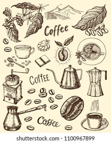 Traditional Filter Coffee Maker. Modern vintage elements, percolator, plants, grain and kettle for the shop menu. Vector illustration. engraved hand drawn in old sketch for card, badges, labels.