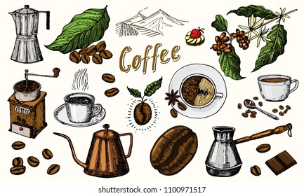 Traditional Filter Coffee Maker. Modern vintage elements, percolator, plants, grain and kettle for the shop menu. Vector illustration. engraved hand drawn in old sketch for card, badges, labels.