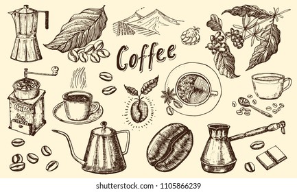 Traditional Filter Coffee Maker. Modern vintage elements, percolator, plants, grain and kettle for the shop menu. Vector illustration. engraved hand drawn in old sketch for card, badges, labels.