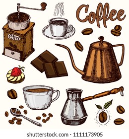 Traditional Filter Coffee Maker. Modern vintage elements, percolator, plants, grain and kettle for the shop menu. Vector illustration. engraved hand drawn in old sketch for card, badges, labels.